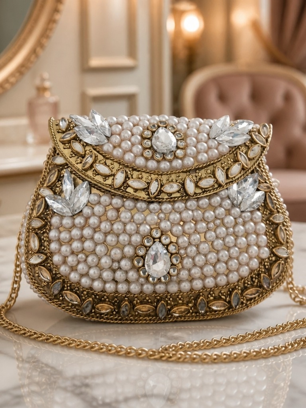 Pearl & Crystal Embellished Gold-Trim Evening Bag